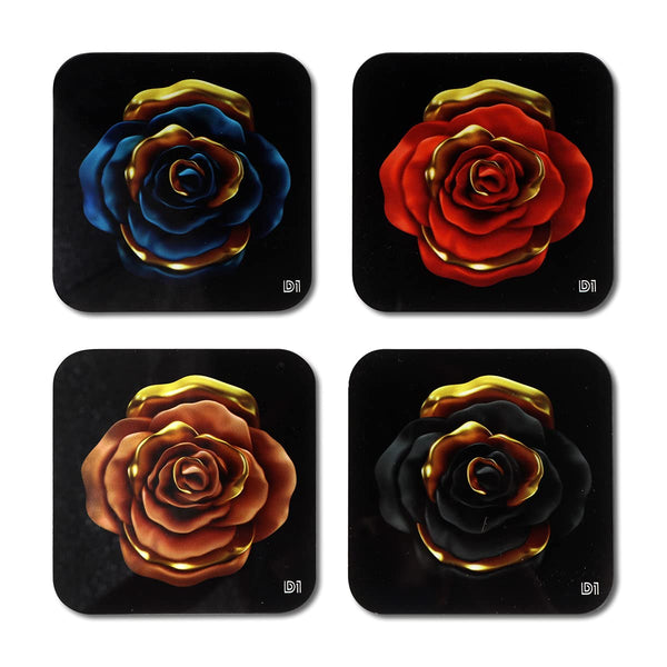 Golden Rose Printed Coasters for Home, Kitchen, Restaurant, Cafeteria Set of 4 with Stand