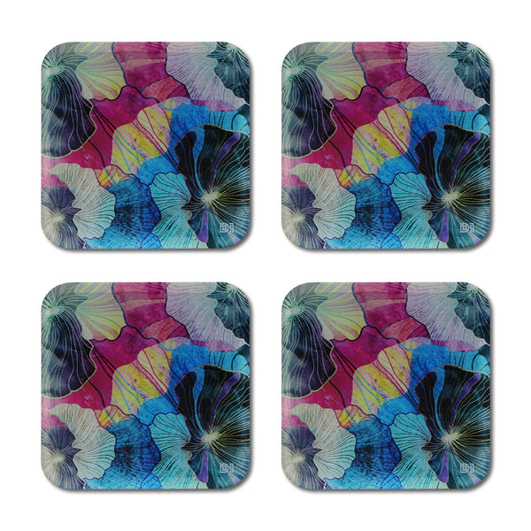 Abstract Flowers Printed Coasters for Home, Kitchen, Restaurant, Cafeteria Set of 4 with Stand