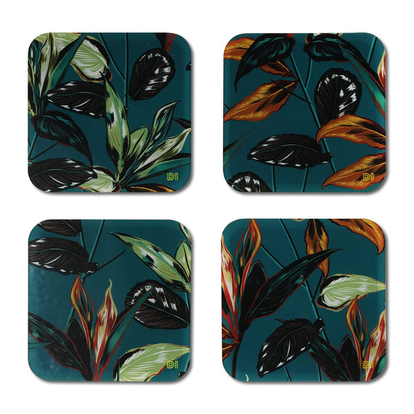 Leaves Printed Coasters for Home, Kitchen, Restaurant, Cafeteria Set of 4 with Stand