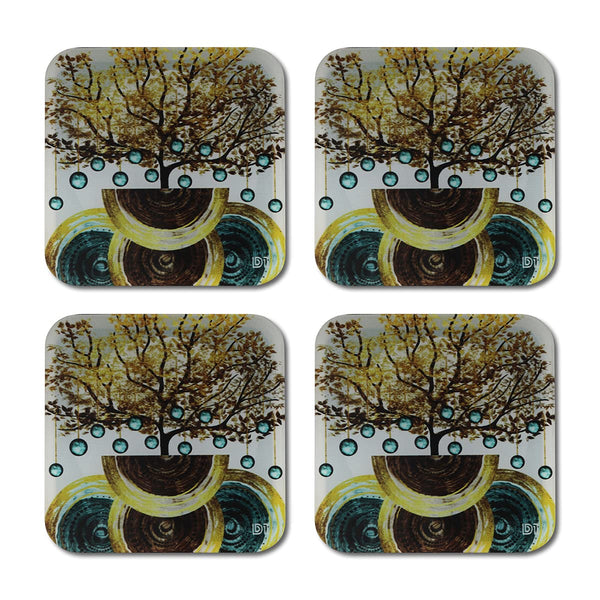 Random Art Printed Coasters for Home, Kitchen, Restaurant, Cafeteria Set of 4 with Stand