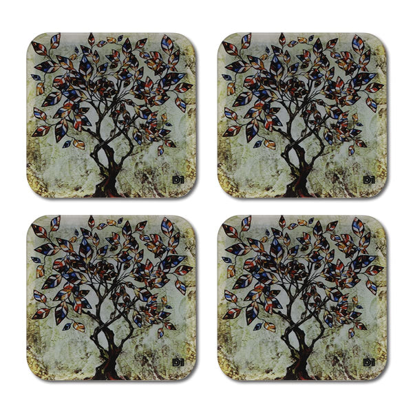 Tree Printed Coasters for Home, Kitchen, Restaurant, Cafeteria Set of 4 with Stand