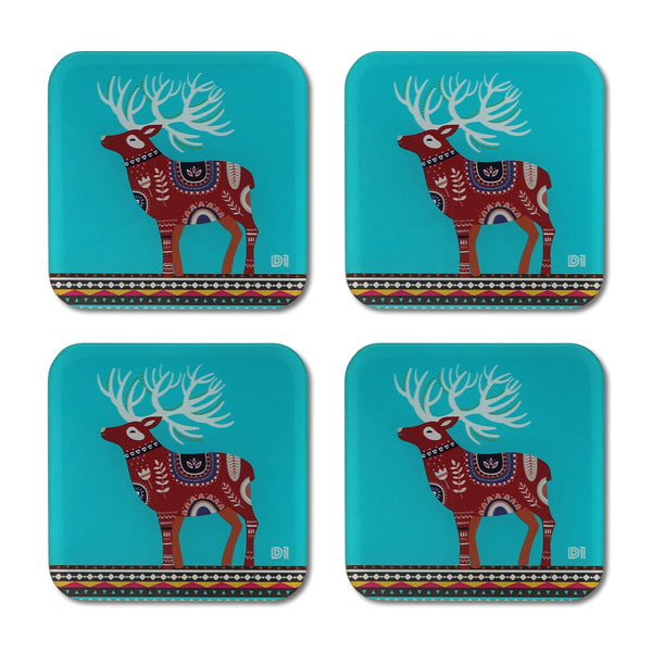 Scandinavian Deer Art Printed Coasters for Home, Kitchen, Restaurant, Cafeteria Set of 4 with Stand