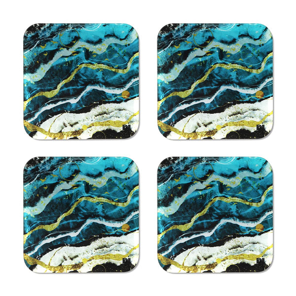 Waves Printed Coasters for Home, Kitchen, Restaurant, Cafeteria Set of 4 with Stand