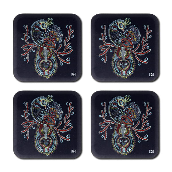 Peacock Art Printed Coasters for Home, Kitchen, Restaurant, Cafeteria Set of 4 with Stand