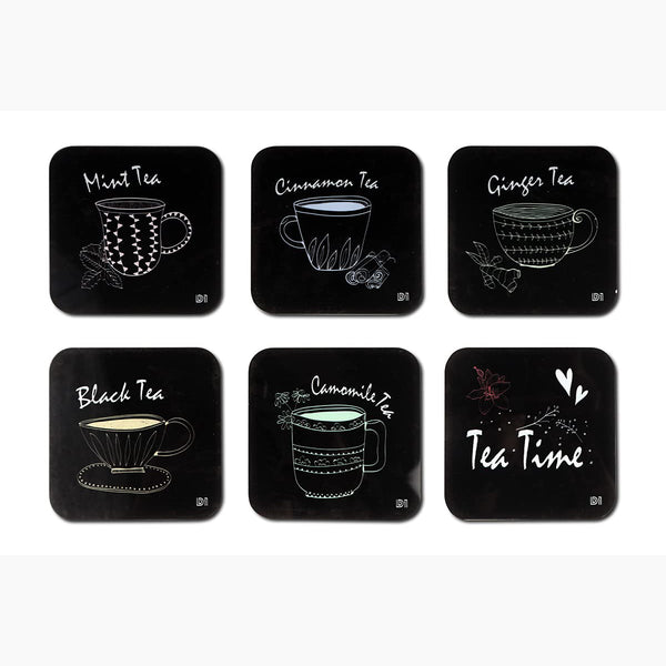 Types of Tea Printed Coasters for Home, Kitchen, Restaurant, Cafeteria Set of 6 with Stand