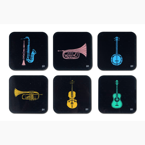 Musical Instruments Printed Coasters for Home, Kitchen, Restaurant, Cafeteria Set of 6 with Stand