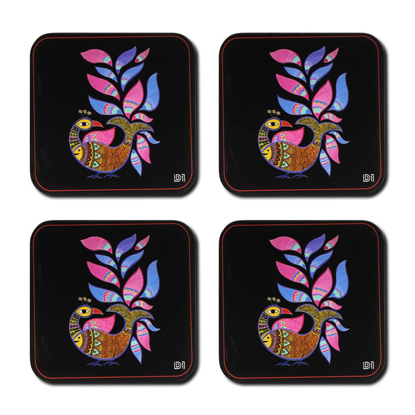 Madhubani Art of Lady Printed Coasters for Home, Kitchen, Restaurant, Cafeteria Set of 4 with Stand