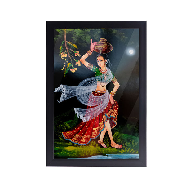 Indian Girl Carrying Pot on Her Head Acrylic Art Print with Frame