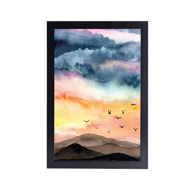 Birds Flaying Sunset View Acrylic Art Print with Frame