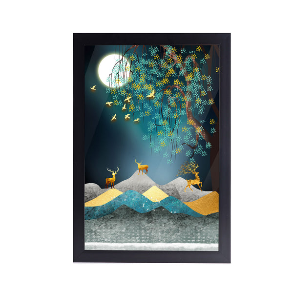 Moon Night Golden Deer Acrylic Art Print with Frame