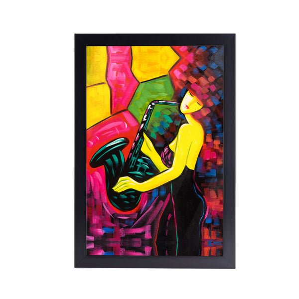 Girl Playing Saxophone Acrylic Art Print with Frame