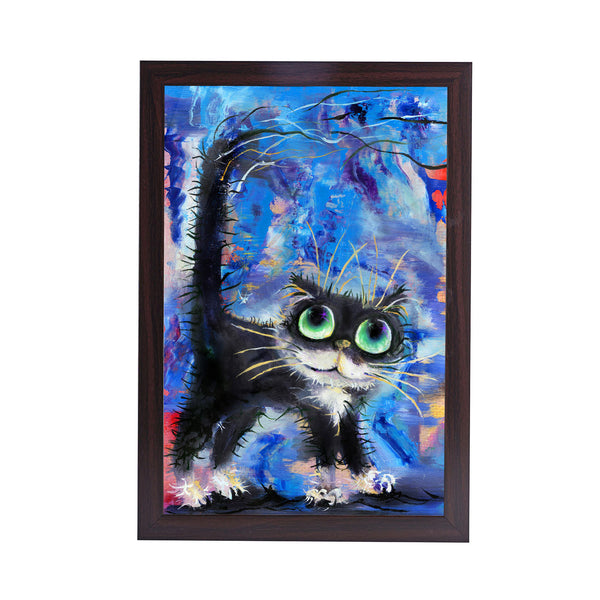 Big Eyes Black Cat Acrylic Art Print with Brown Frame