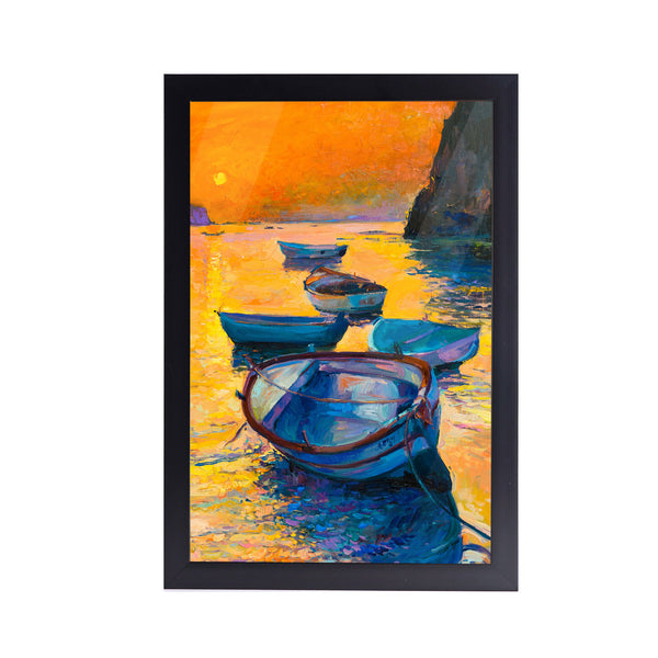 Sunset Lake Boat Acrylic Art Print with Frame