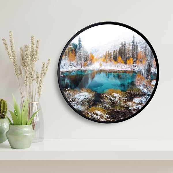 Waterfall Lake Snowfall Acrylic Art Print with Metal Ring