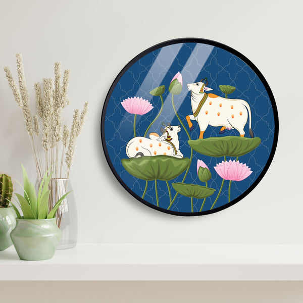 Cow Seated Pink Lotus Acrylic Art Print with Metal Ring