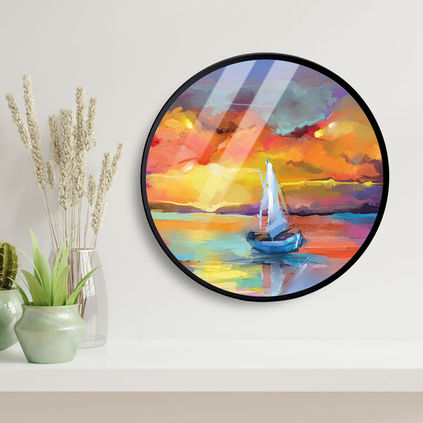 Sunset River Boat Acrylic Art Print with Metal Ring