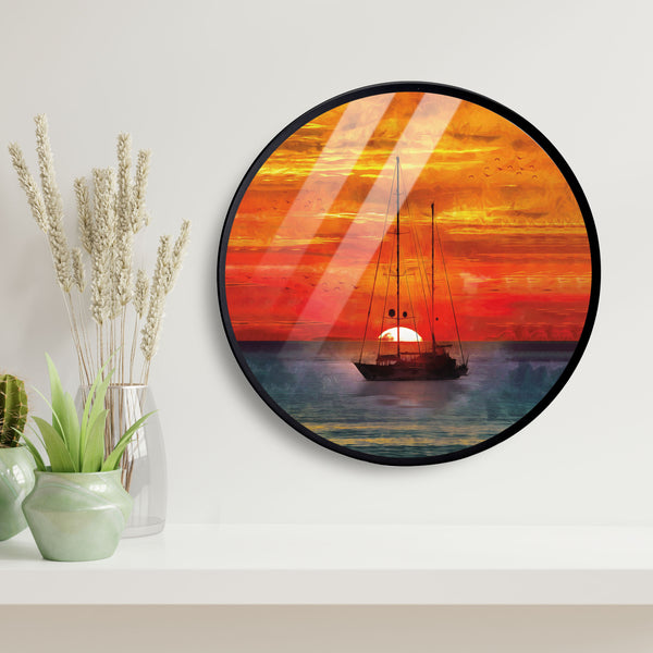 Red Sunset Sea Boat Acrylic Art Print with Metal Ring