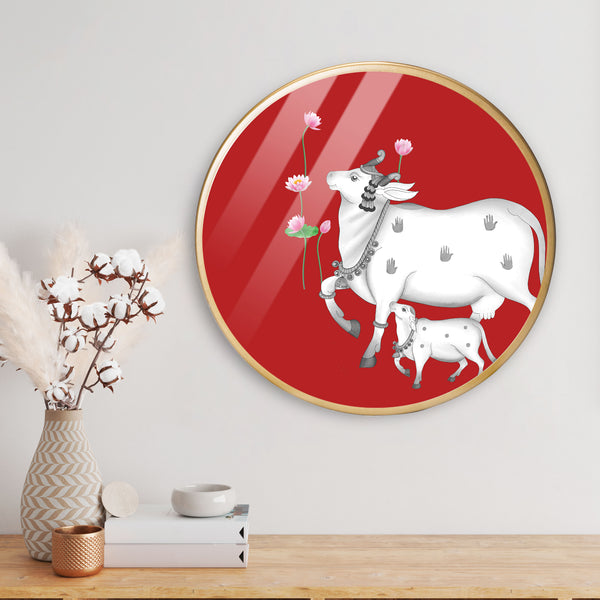 Indian Pichwai Cow Baby Acrylic Art Print with Gold Color Metal Ring