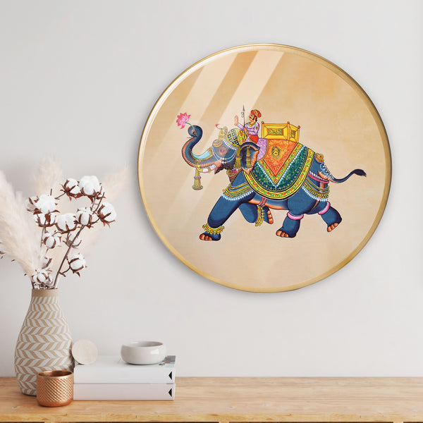 Elephant Mahavat Acrylic Art Print with Gold Color Metal Ring