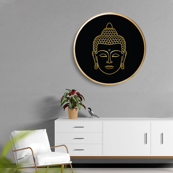 Black Bhuddha Acrylic Art Print with Gold Color Metal Ring