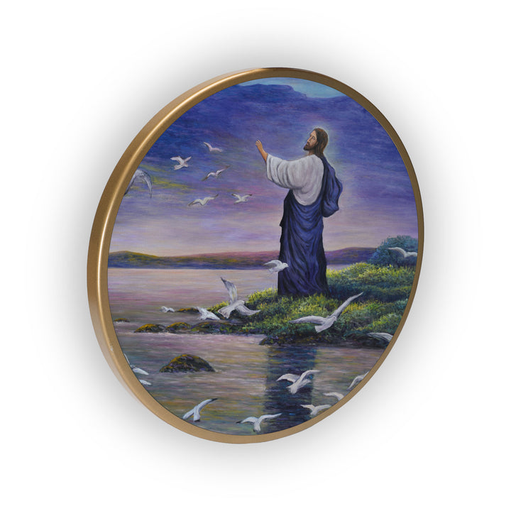 Jesus Birds Flying in The Sky Acrylic Art Print with Gold Color Metal Ring