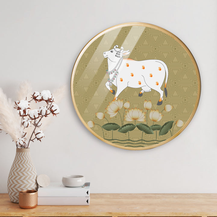 Cow Play Lotus Acrylic Art Print with Gold Color Metal Ring