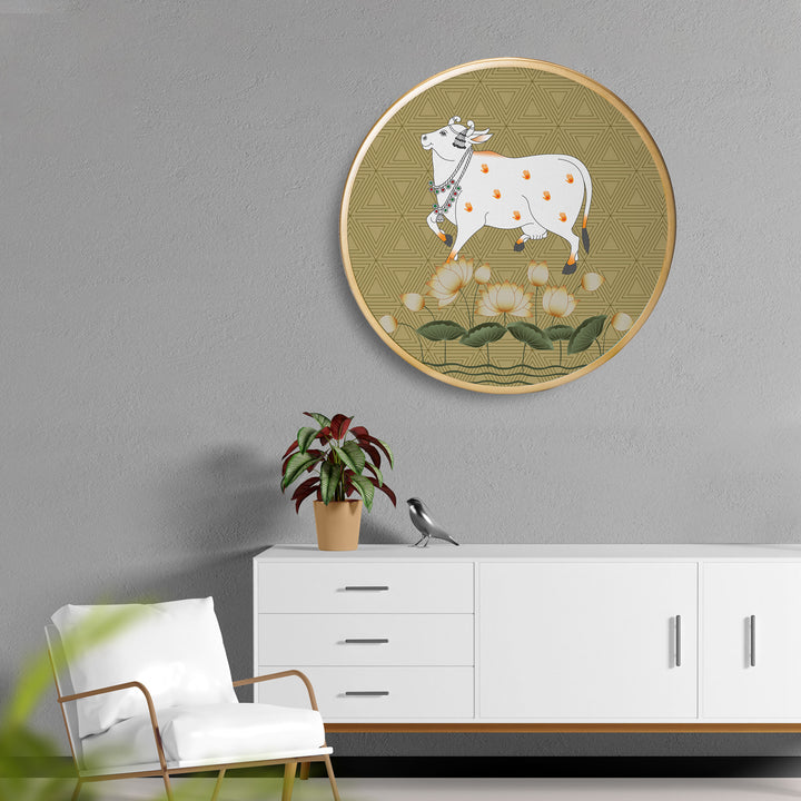 Cow Play Lotus Acrylic Art Print with Gold Color Metal Ring