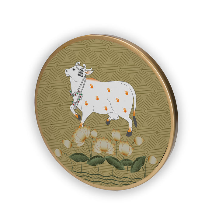 Cow Play Lotus Acrylic Art Print with Gold Color Metal Ring