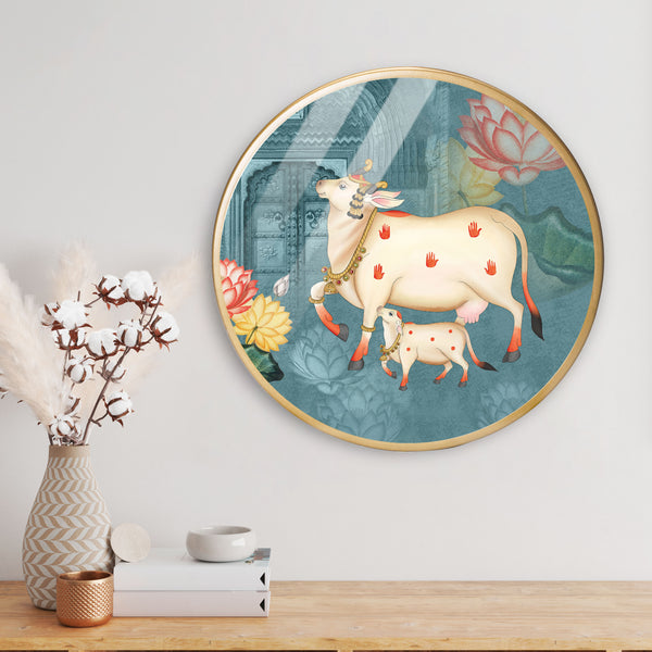 Indian Pichwai Cow Acrylic Art Print with Gold Color Metal Ring