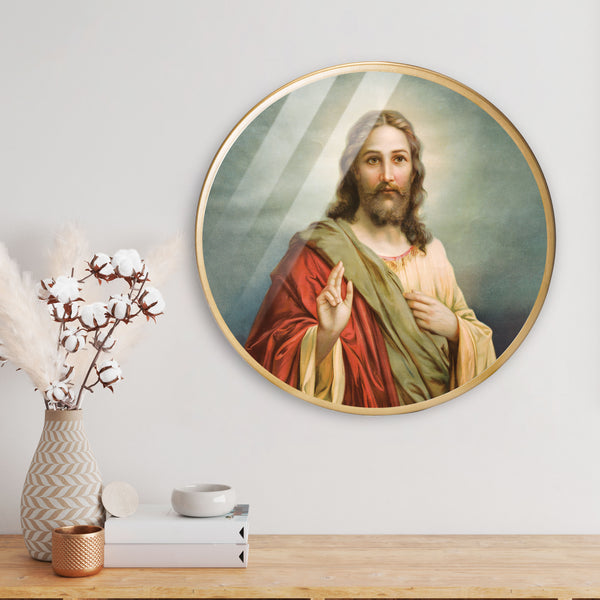 Jesus Blessing Acrylic Art Print with Gold Color Metal Ring