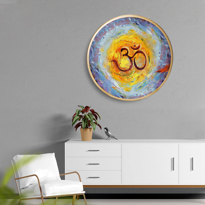 Om Abatract Acrylic Art Print with Gold Color Metal Ring