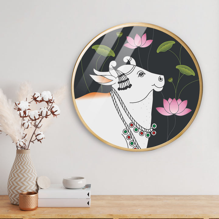 Lotus White Cow Acrylic Art Print with Gold Color Metal Ring