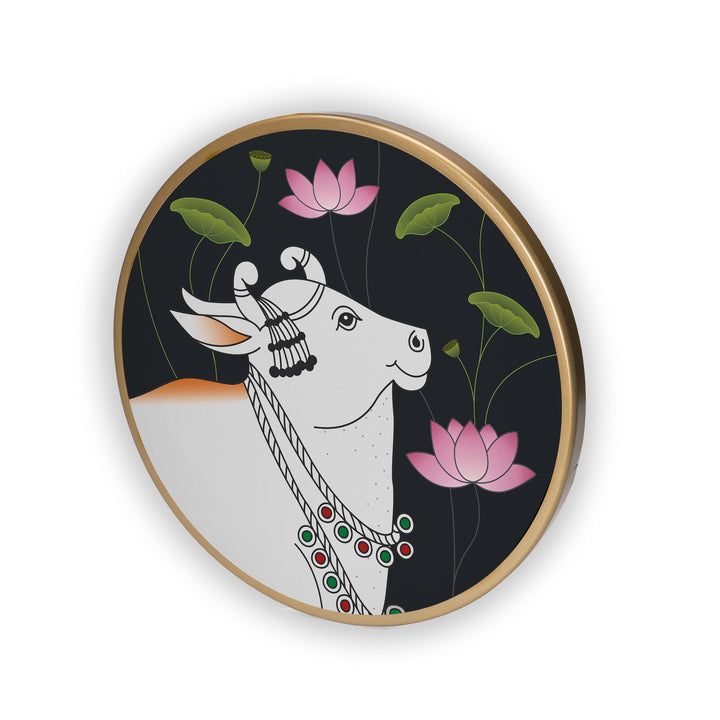 Lotus White Cow Acrylic Art Print with Gold Color Metal Ring