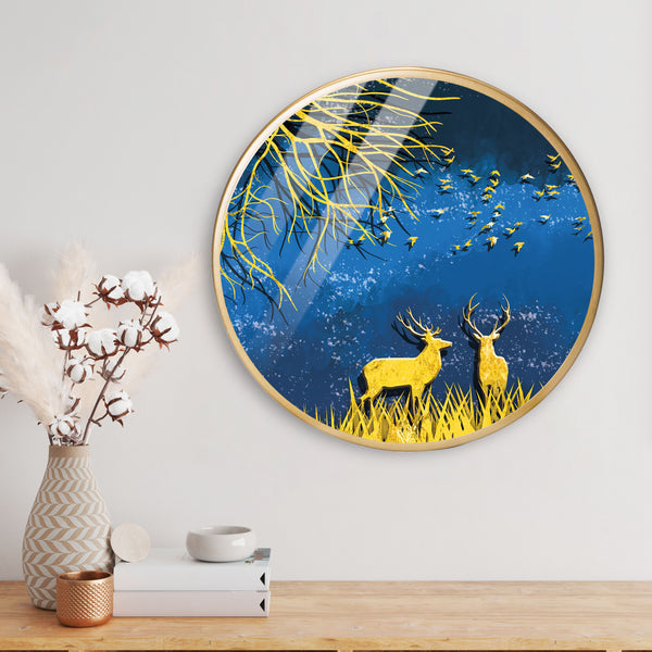 Golden Deer Acrylic Art Print with Gold Color Metal Ring