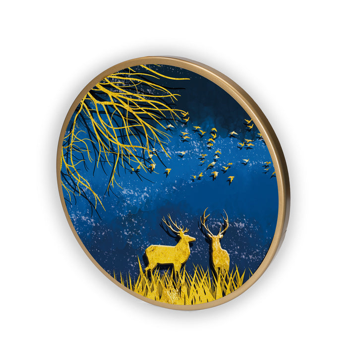 Golden Deer Acrylic Art Print with Gold Color Metal Ring