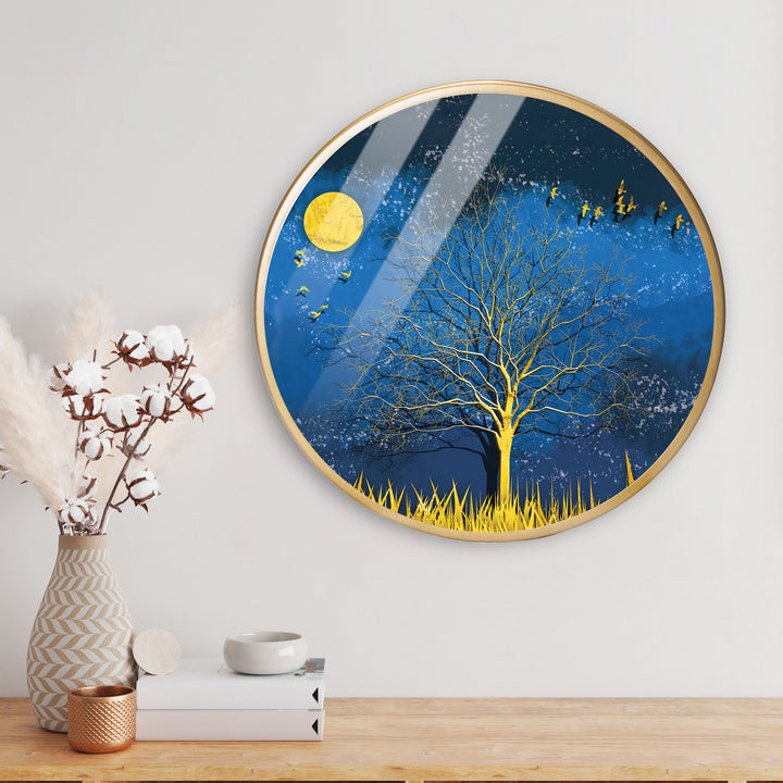 Golden Moon Tree Acrylic Art Print with Gold Color Metal Ring