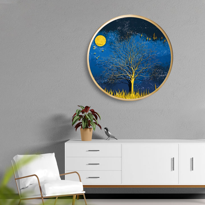 Golden Moon Tree Acrylic Art Print with Gold Color Metal Ring