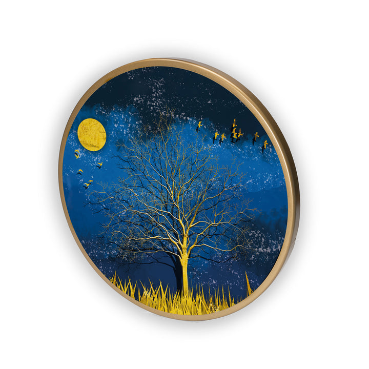 Golden Moon Tree Acrylic Art Print with Gold Color Metal Ring