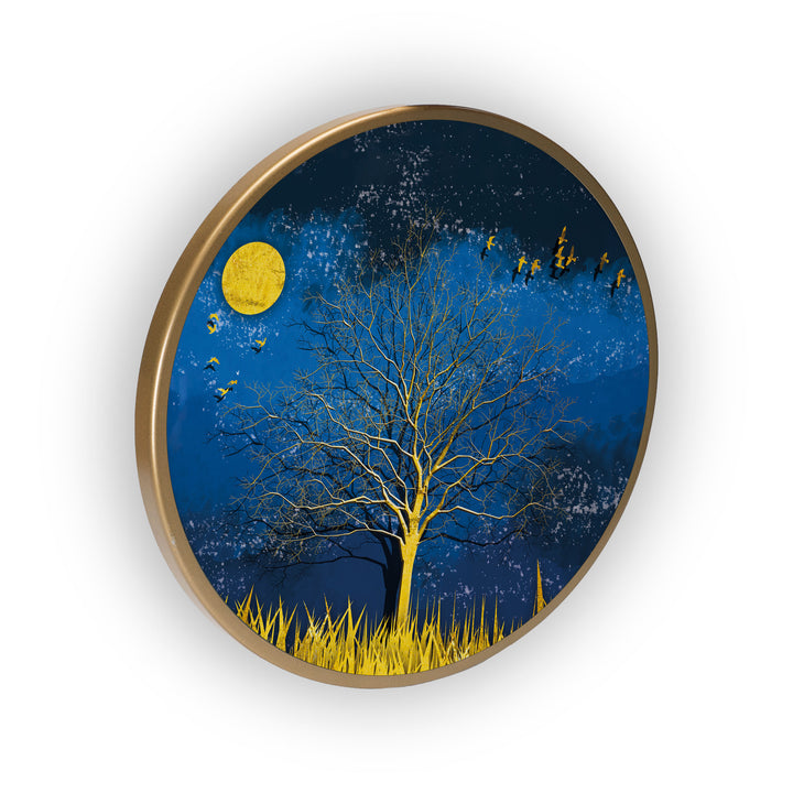 Golden Moon Tree Acrylic Art Print with Gold Color Metal Ring