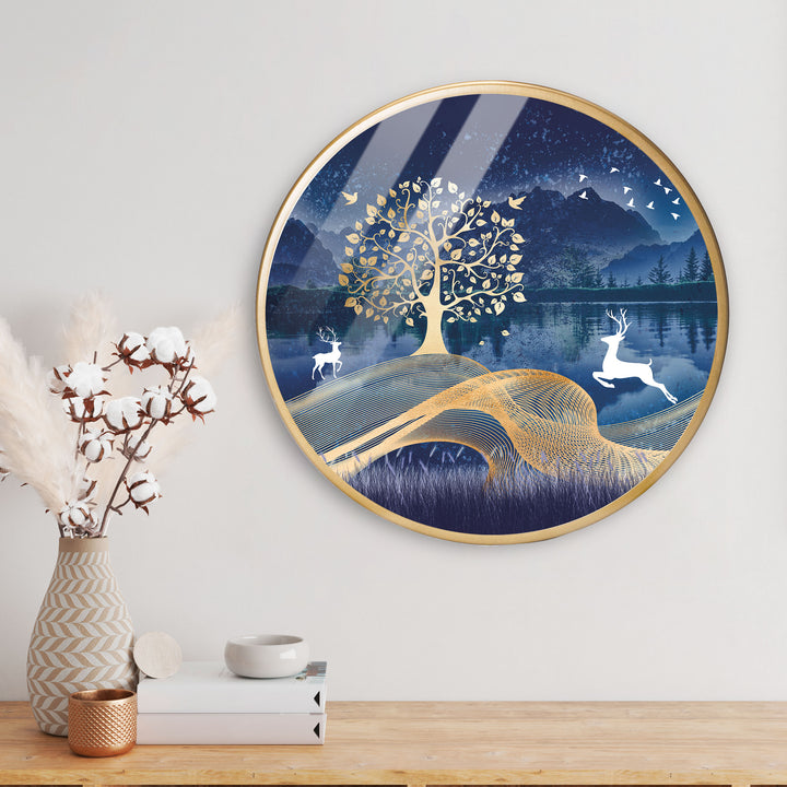 White Deer Running Acrylic Art Print with Gold Color Metal Ring