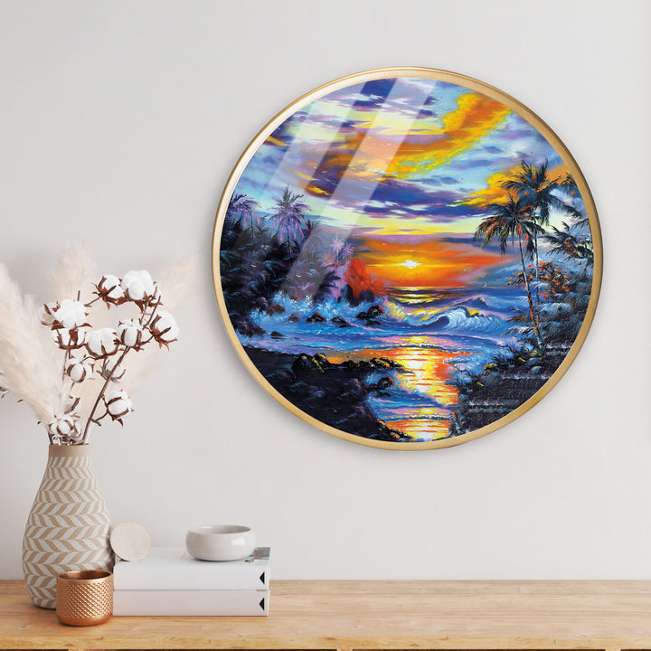 Sunset Scenry Acrylic Art Print with Gold Color Metal Ring