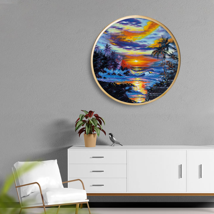 Sunset Scenry Acrylic Art Print with Gold Color Metal Ring