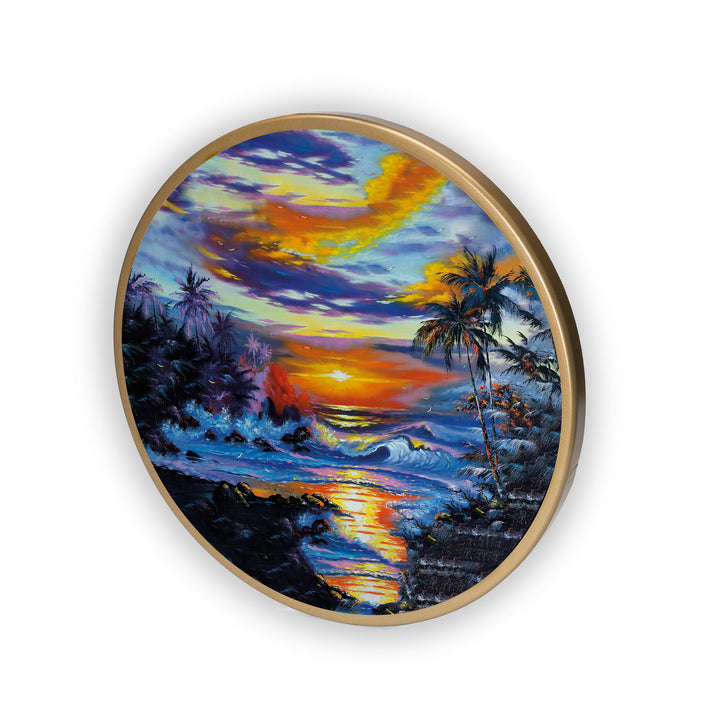 Sunset Scenry Acrylic Art Print with Gold Color Metal Ring