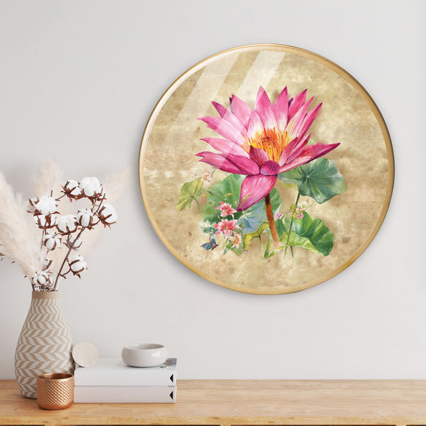 Pink Lotus Acrylic Art Print with Gold Color Metal Ring