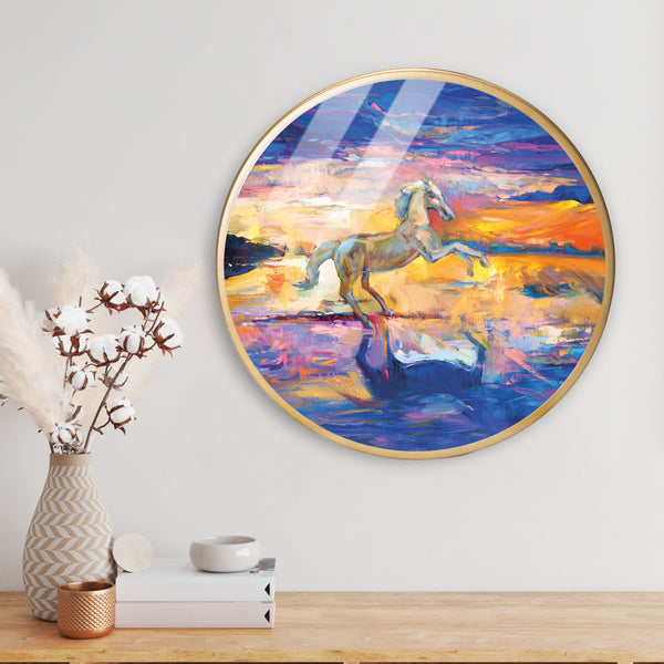 White Hourse Acrylic Art Print with Gold Color Metal Ring