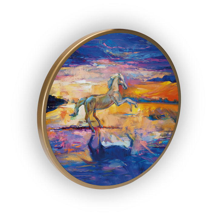 White Hourse Acrylic Art Print with Gold Color Metal Ring