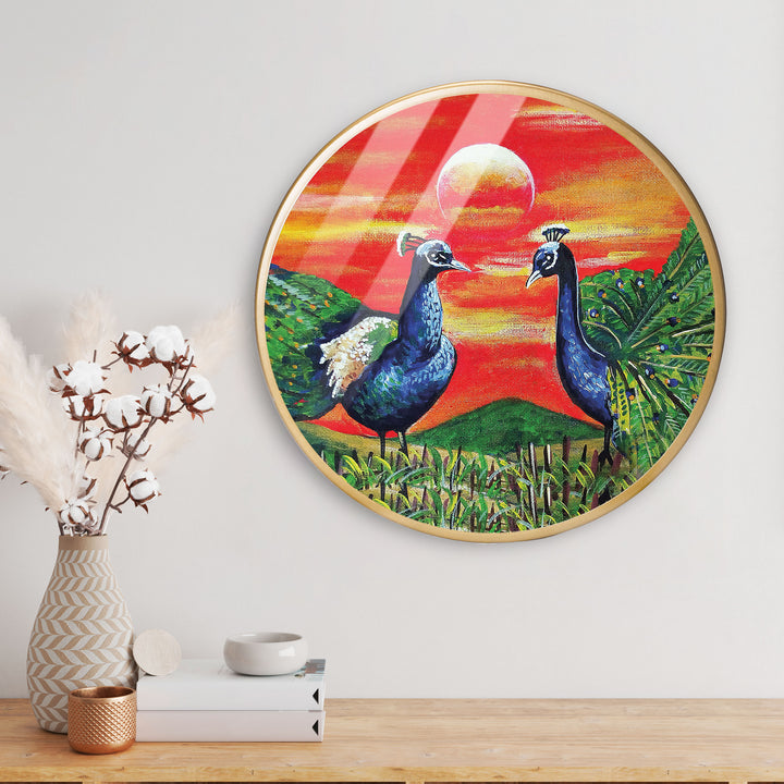 Peacock Pair Acrylic Art Print with Gold Color Metal Ring