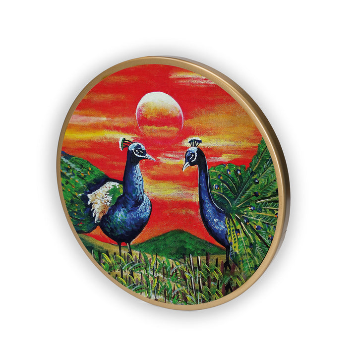 Peacock Pair Acrylic Art Print with Gold Color Metal Ring