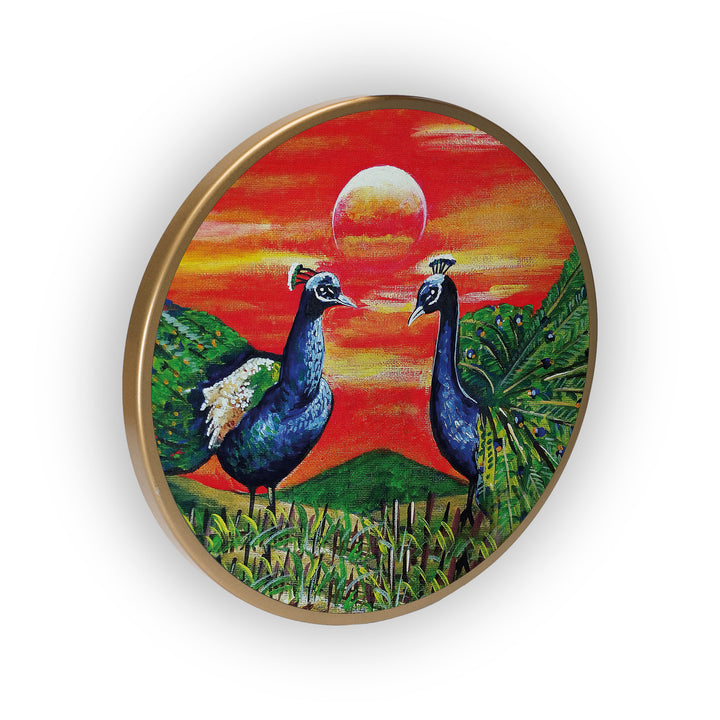 Peacock Pair Acrylic Art Print with Gold Color Metal Ring