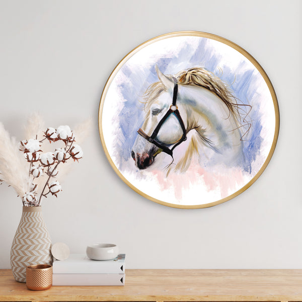 White Hourse Face Acrylic Art Print with Gold Color Metal Ring